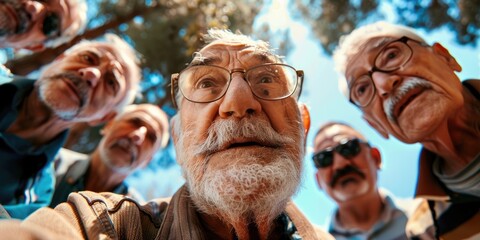 A group of grandfathers is taking selfie looking at the camera