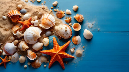 Orange starfish stands out among shells on a textured blue wooden surface, conjuring images of...