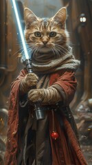 Fototapeta na wymiar Black and white, high-contrast portrait of a cat with the blue glow of the lightsaber, generated with AI