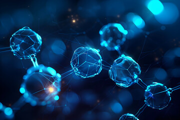 Abstract background with molecular structure. Molecule model on blue bokeh background. Atom model,...