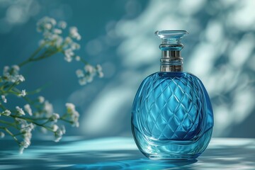 Cosmetic bottle template, blue luxury bottle of cosmetic products with glass cap on blue background with flowers, blank cosmetic container, mockup design