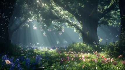 A hidden glade within a dark forest, where rays of sunlight breakthrough, illuminating a patch of wildflowers surrounded by ancient, towering trees - obrazy, fototapety, plakaty