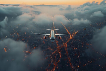 Naklejka premium Shiny passenger plane flies through the clouds over the lights of the night city. The concept of aviation, airplane travel and a sense of freedom