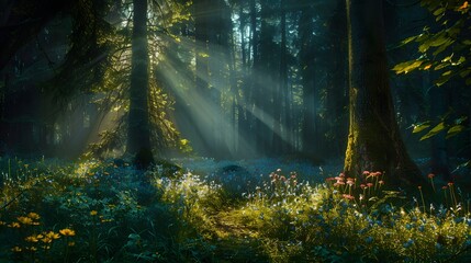 A hidden glade within a dark forest, where rays of sunlight breakthrough, illuminating a patch of wildflowers surrounded by ancient, towering trees - obrazy, fototapety, plakaty