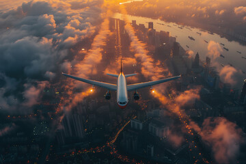 Plane flies over the city and the clouds, leaving a trail in the sky. Beautiful cityscape at...