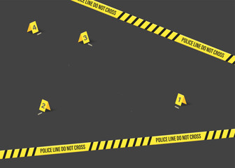 Police Crime Scene Concept with Black and Yellow Striped Line Tape. Vector illustration of Evidence Markers