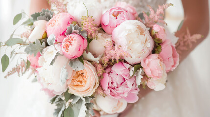 A beautiful wedding bouquet of peonies in the hands of the bride