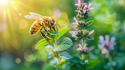 A honey bee collects nectar from oregano flowers in a garden.