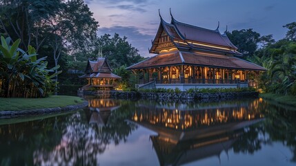 Fototapeta na wymiar Twilight Tranquility at a Thai Temple Oasis: As twilight descends, the ambient lighting casts a mystical glow on a secluded Thai temple