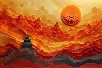 Natural landscape: the sun emerging from behind the clouds over the mountains. Chinese Tower in the mountains. Calming background in Chinese style. Stylization of paper applique