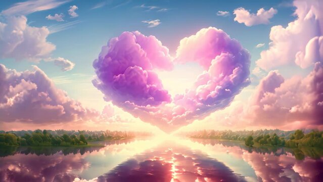 An awe-inspiring heart-shaped cloud gracefully hovers above a picturesque lake, creating a breathtaking and serene landscape, Heart-shaped clouds predicting a day filled with love, AI Generated