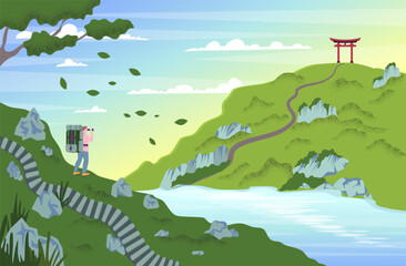 Cartoon Color Character Man and Adventure Hiking Trekking Landscape Scene Concept Flat Design Style. Vector illustration