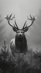 Black and white, high-contrast portrait of a majestic stag in a misty forest, generated with AI