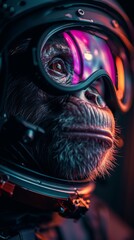 Black and white, high-contrast portrait of a monkey as Astronaut from the Space, bright purple reflections, ultra-realistic, chiaroscuro, generated with AI