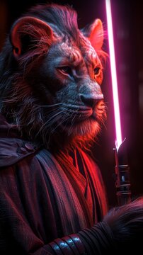 Black and white, high-contrast portrait of a lion as laser sold, with the purple glow of the lightsaber, generated with AI