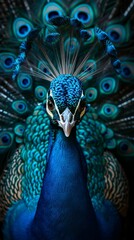 Fototapeta premium Black and white, high-contrast portrait of a peacock as a fashion designer, with the iridescent blue of its tail feathers spreading out like a fan of sketches, capturing creativity, generated with AI
