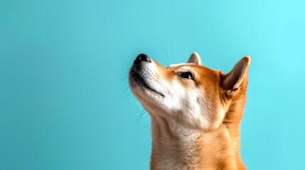 Adorable Shiba Inu posing against a turquoise background. A portrait of pet elegance and simplicity. Ideal for pet lovers and lifestyle blogs. AI