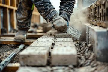 Close up of industrial bricklayer installing bricks on construction site. - obrazy, fototapety, plakaty