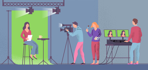 Cartoon Color Characters People and Broadcast Scene Concept Flat Design Style. Vector illustration of Reporter, Cameraman and Assistant in Studio
