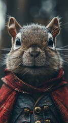 Black and white, high-contrast portrait of a squirrel in a superhero cape, the bold red of the cape flowing dramatically against a city skyline,  generated with AI
