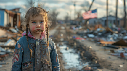 A sad child stands in front of buildings and holding a usa flag front view that have collapsed due...