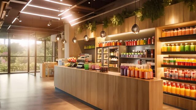 A bustling store filled with a wide array of juice bottles, showcasing a vibrant and abundant selection, Adjoining juice bar in a state-of-the-art gym, AI Generated