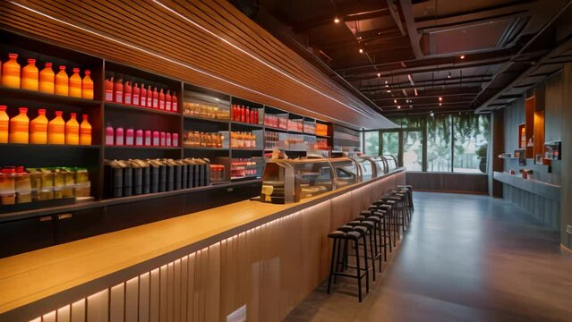 This photo shows a vibrant store packed with numerous rows of bottles filled with a variety of liquids, Adjoining juice bar in a state-of-the-art gym, AI Generated