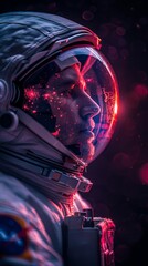 Black and white, high-contrast portrait of an astronaut with his helmet from the Space Station, bright purple reflections, ultra-realistic, generated with AI