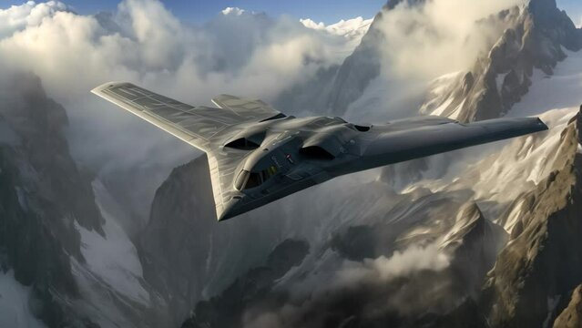 A powerful fighter jet speeds through the sky, dominating the airspace above a magnificent mountain range, Advanced stealth bomber flying over mountain range, AI Generated