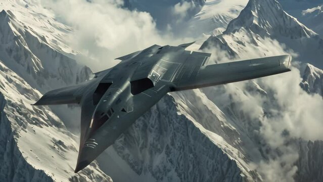 Fighter Jet Soaring Above Majestic Mountain Range, Advanced stealth bomber flying over mountain range, AI Generated