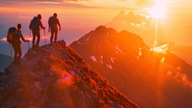 A group of climbers celebrating their successful ascent on the summit of Mount Everest, Adventurous hikers reaching a mountain summit at sunrise, AI Generated
