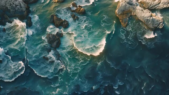 This aerial photograph captures the expansive ocean and rugged rock formations along the coastline, Aerial depiction of vivid, deep blue sea surrounding rocky formations, AI Generated