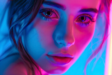 Young woman looking at the camera in the neon light of the club. Camera zoom.