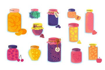 Cartoon Color Different Homemade Jams Set Concept Flat Design Style. Vector illustration of Fruit Jam in Glass Jar