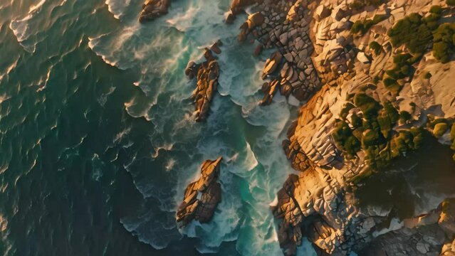 This aerial photo captures the expansive view of the ocean and the rugged rocks along the coastline, Aerial perspective of the sea kissing rocky shores at dawn, AI Generated