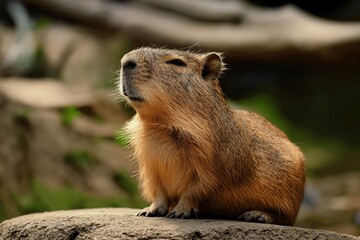 A single capybara sits on a rock, seemingly lost in thought under the warm sunlight