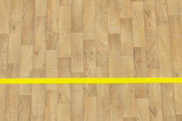 Wooden floor basketball, badminton, futsal, handball, volleyball, football, soccer court. Wooden floor of sports hall with yellow marking lines on wooden floor indoor, gym court