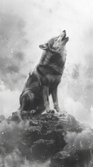 Black and white image of a majestic wolf howling on a rocky peak, with its eyes a piercing emerald green, sharp contrast against the misty backdrop, every fur detail captured, embod, generated with AI