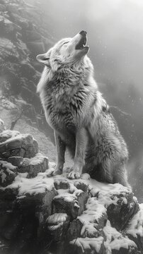 Black and white image of a majestic wolf howling on a rocky peak, with its eyes a piercing emerald green, sharp contrast against the misty backdrop, every fur detail captured, embod, generated with AI
