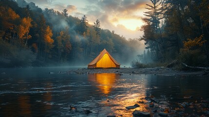 Camping tent in the woods next to a river. creature in the woods. night. clearing in the woods, generated with AI
