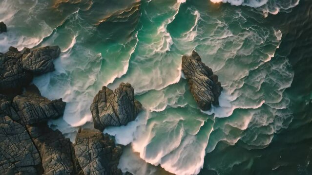 This aerial photo captures the expansive ocean and rugged rocks along the coast, Aerial sight of sea waves swirling around pointy rocks, AI Generated