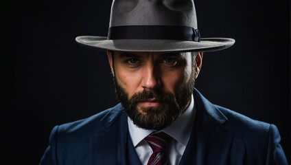portrait of a brutal man in a hat and suit elegantly