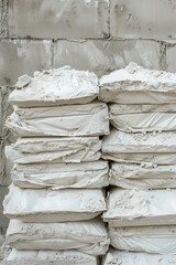 Weathered cement texture augments the neat stack of gypsum bags lined against a dreary concrete wall