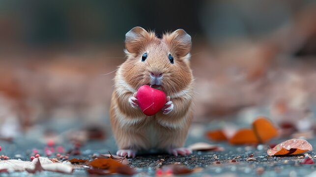   A hamster, brown and white, holds a red ball in its paws, standing upright on hind legs