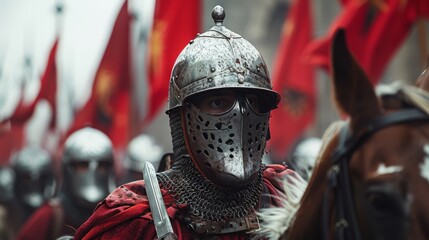 Fototapeta premium Knight during Middle Age with helmet, generated with AI