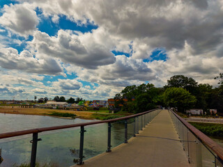view of the city beach on the Warta River. Thermal spring Termy Uniejow. Poland