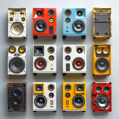 Obraz premium A collage showcasing a diverse array of acoustic music speakers, symbolizing the multifaceted nature of sound and modern audio technology. Generative AI.