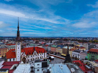 Olomouc, Czech Republic April 20, 2022: Top view of the Old town, town hall and Holy Trinity Column in Olomouc, Czech Republic