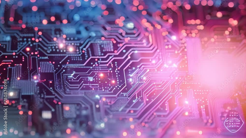Poster a computer circuit board illuminated by blue and red lights, an abstract background of microchips an