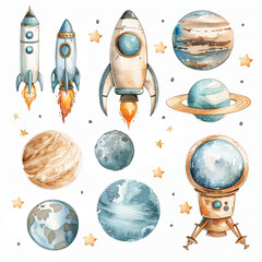 Hand-drawn watercolor clipart set featuring a pack of space items on a white background with soft colors. Ideal for creative projects, invitations, and educational materials.